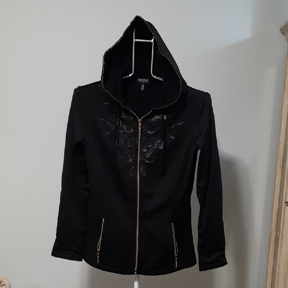 Sportalm Black Hooded Zip-Up Jacket with Textured Fabric